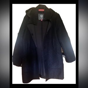 Vince Camuto RARE Sz XL Black BOUCLÉ Hooded Walker Wool blend Coat Jacket